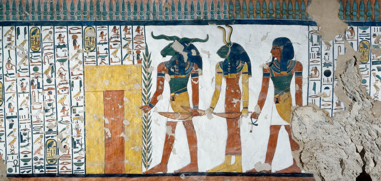 De drie geslachten die de Tweede Poort van het Koninkrijk van Osiris bewaken, Boek van de Doden, Hoofdstuk 144, (detail) uit de fresco