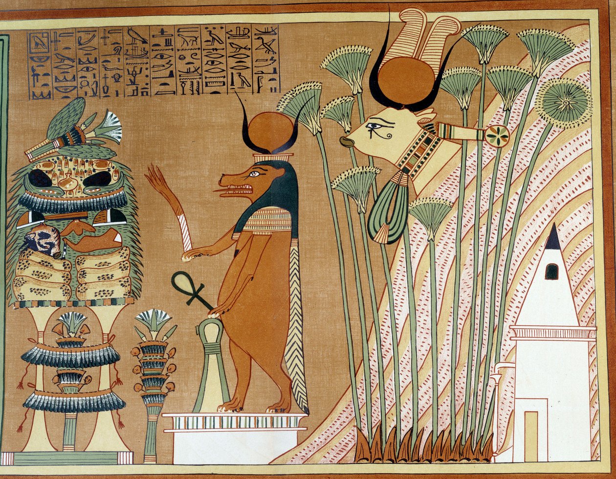 Thoueris en Hathor in het papyrus. College is vergelijkbaar met het papyrus van Ani, uit Thebe door Egyptian 19th Dynasty