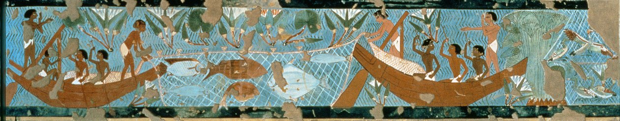 Muurschildering uit het graf van Ipuy, Thebe, met een visscène, Nieuwe Koninkrijk, c.1275 v.Chr. (beschilderde kalksteen) door Egyptian 19th Dynasty