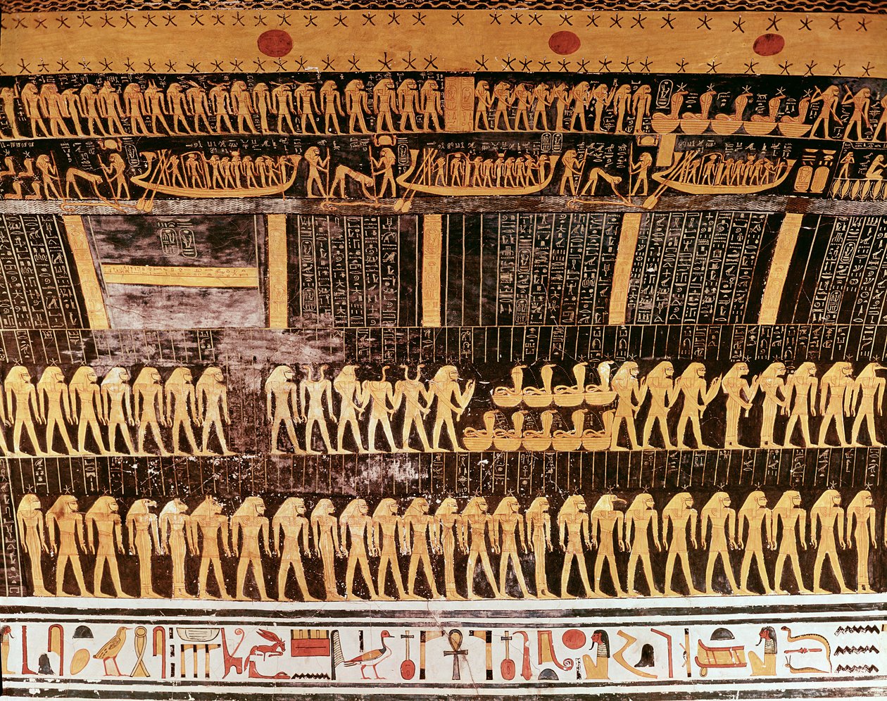 Detail uit het Boek van de Dag van het plafond van de grafkamer van het graf van Ramses VI (r.1143-1136 v.Chr.) Nieuwe Koninkrijk (muurschildering) door Egyptian 20th Dynasty