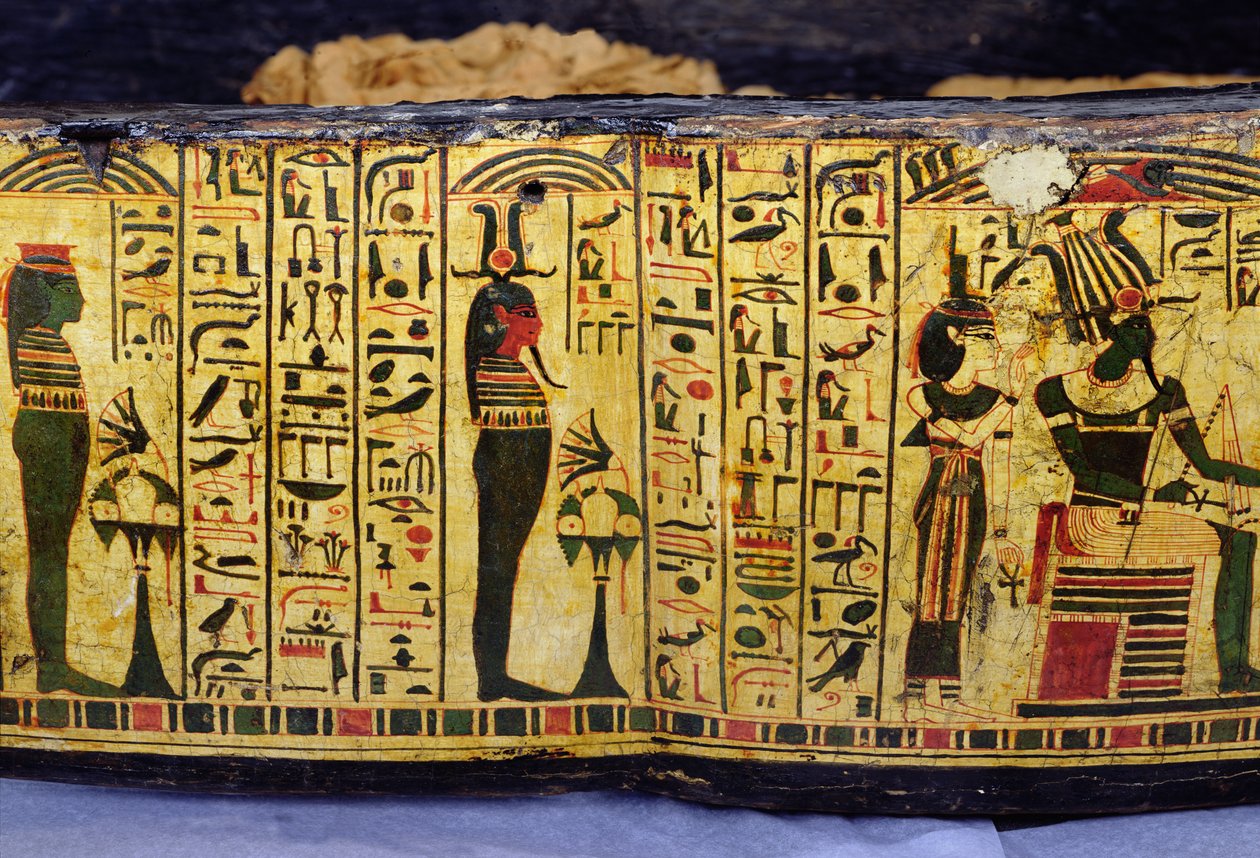 Detail van de buitenste kistbasis van de mummie van Nesyamun, mogelijk gevonden in Deir El-Bahri, Nieuwe Koninkrijk, c.1100 v.Chr. (beschilderd hout) door Egyptian 20th Dynasty