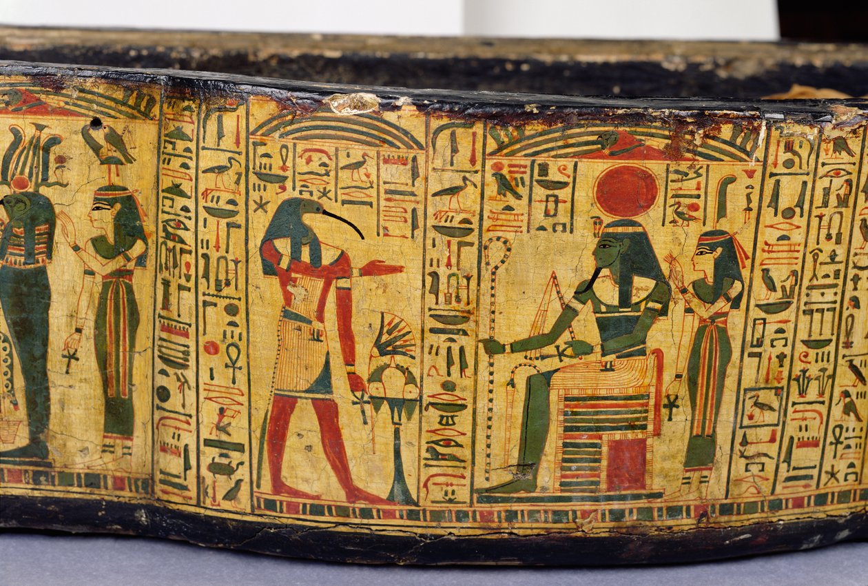 Detail van de buitenste basis van de sarcofaag van Nesyamun, mogelijk gevonden in Deir El-Bahri, Nieuwe Rijk, ca. 1100 v.Chr. door Egyptian 20th Dynasty