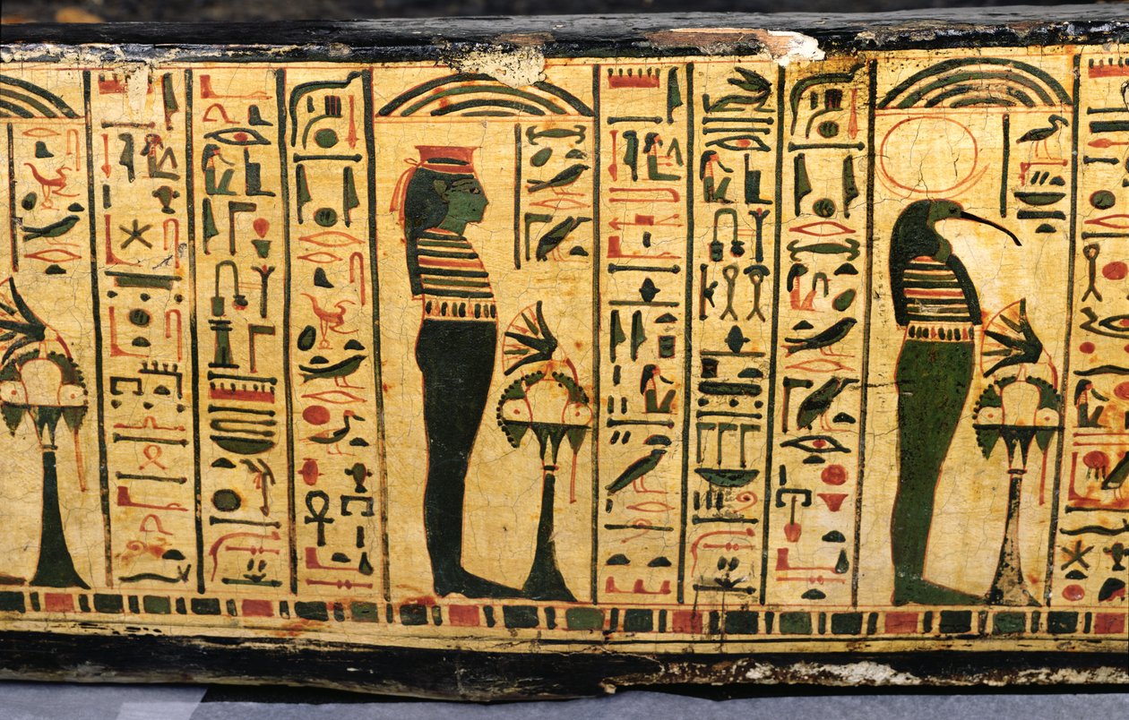 Detail van de buitenste kistbasis van de mummie van Nesyamun, mogelijk gevonden in Deir El-Bahri, Nieuwe Koninkrijk, c.1100 v.Chr. door Egyptian 20th Dynasty