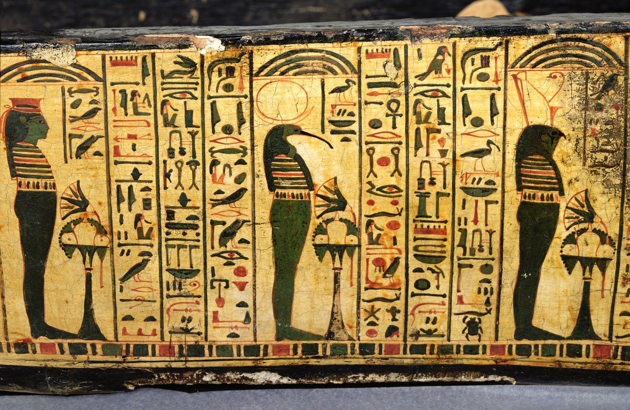 Detail van de buitenste kistbasis van de mummie van Nesyamun, mogelijk gevonden in Deir El-Bahri, Nieuwe Koninkrijk, c.1100 v.Chr. door Egyptian 20th Dynasty