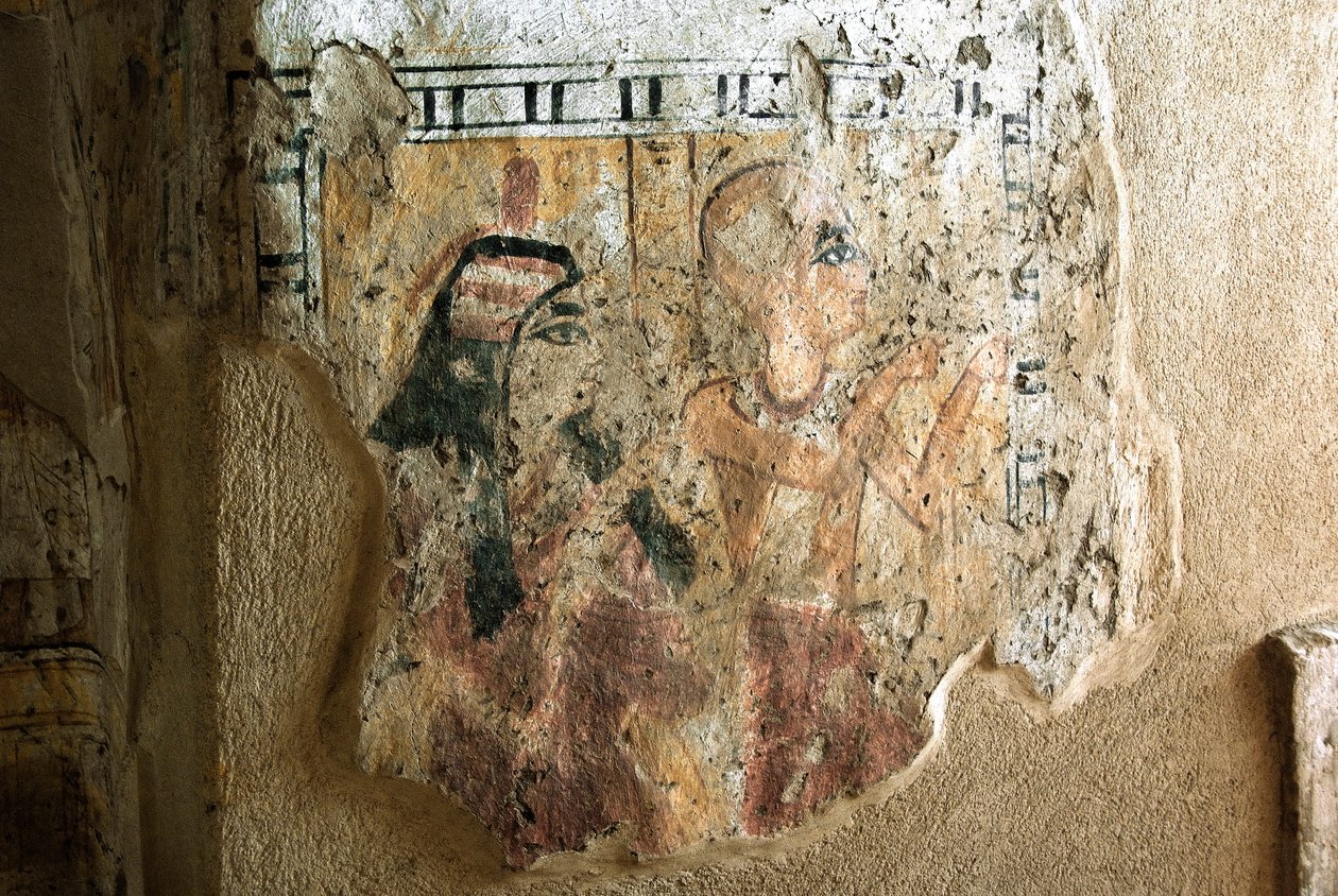 Egyptische oudheid: voorstelling van Shuroy en zijn vrouw in aanbidding. Schildering van het graf van Shuroy (TT13). 20e dynastie. 1190-1077 v.Chr. Necropolis van Dra Abu el-Naga, Westelijke Oever van Luxor, Egypte door Egyptian 20th Dynasty