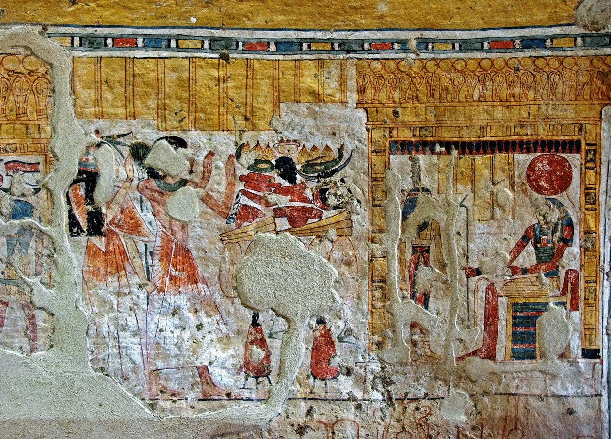 Egyptische oudheid: voorstelling van Shuroy en zijn vrouw die godheden aanbidden. Schilderij van het graf van Shuroy (TT13). 20e dynastie. 1190-1077 v.Chr. Necropolis van Dra Abu el-Naga, Westelijke oever van Luxor, Egypte door Egyptian 20th Dynasty
