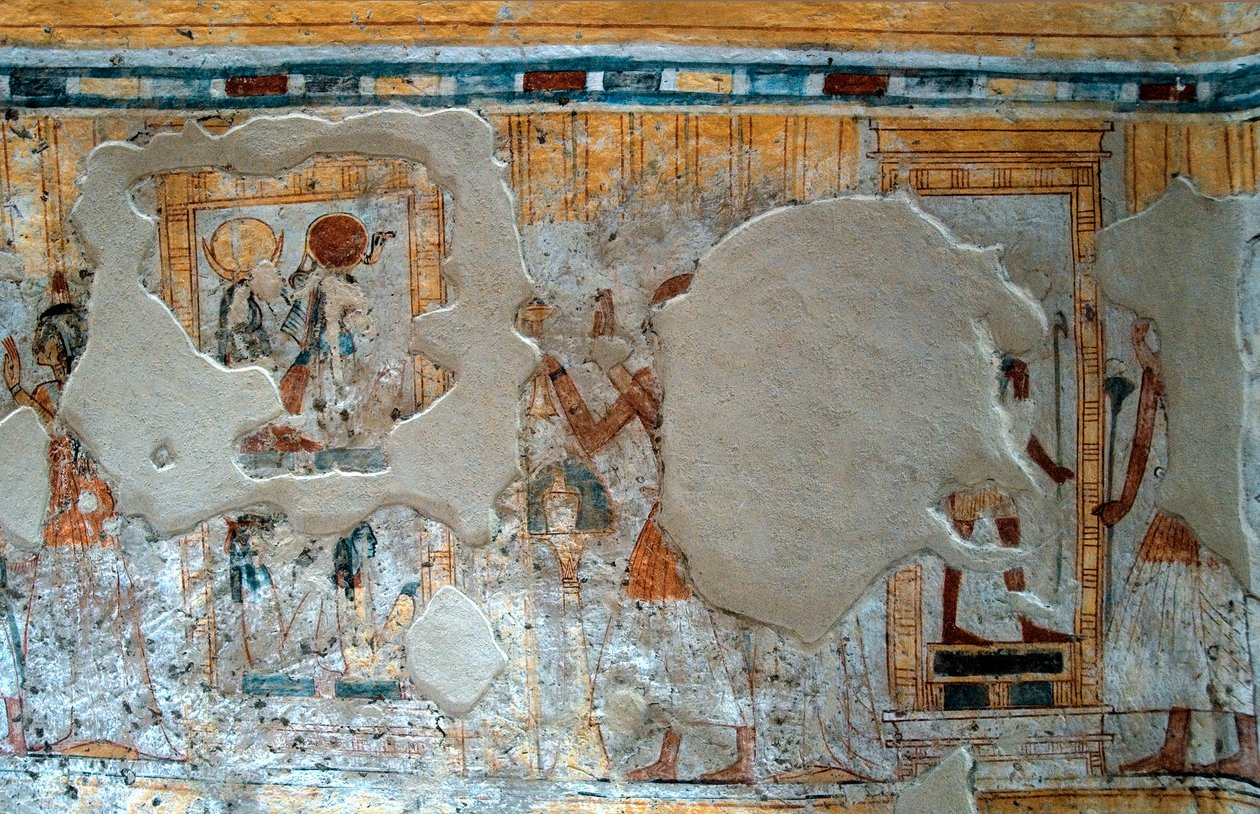 Egyptische oudheid: voorstelling van Shuroy en zijn vrouw die de god Thot en de godin Ra aanbidden door Egyptian 20th Dynasty