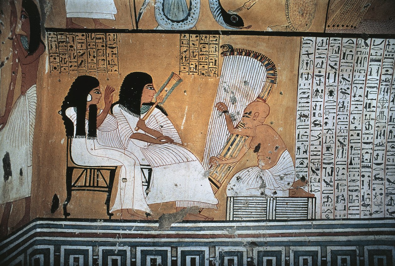 Muurschildering van overleden Khai-Inherkha en vrouw die blinde harpist bekijken door Egyptian 20th Dynasty