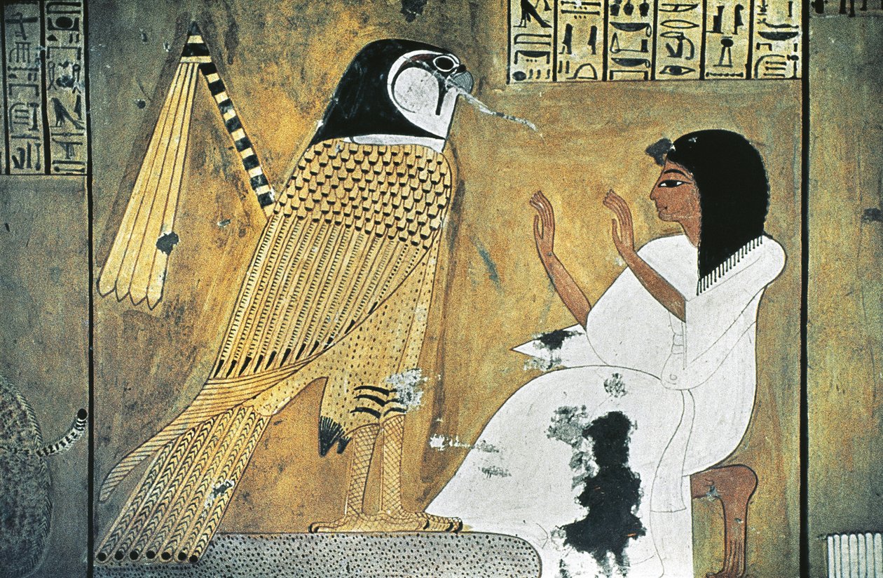 Muurschildering van scène uit Boek van de Doden, transformatie in Gouden Valk door Egyptian 20th Dynasty