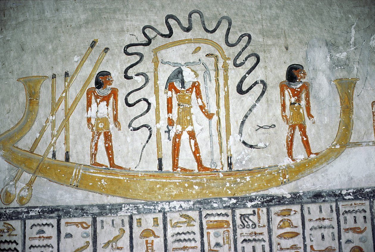 Re in de Nachtboot, uit het Graf van Ramses VI, Nieuwe Koninkrijk (c.1145-1137 v.Chr.) door Egyptian 20th Dynasty