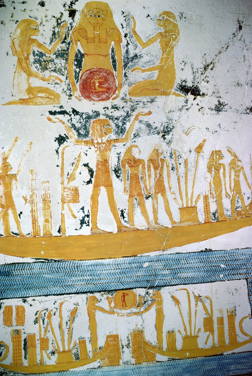 Re in de Nachtboot, uit het Graf van Ramses VI, Nieuwe Koninkrijk (c.1145-1137 v.Chr.) door Egyptian 20th Dynasty