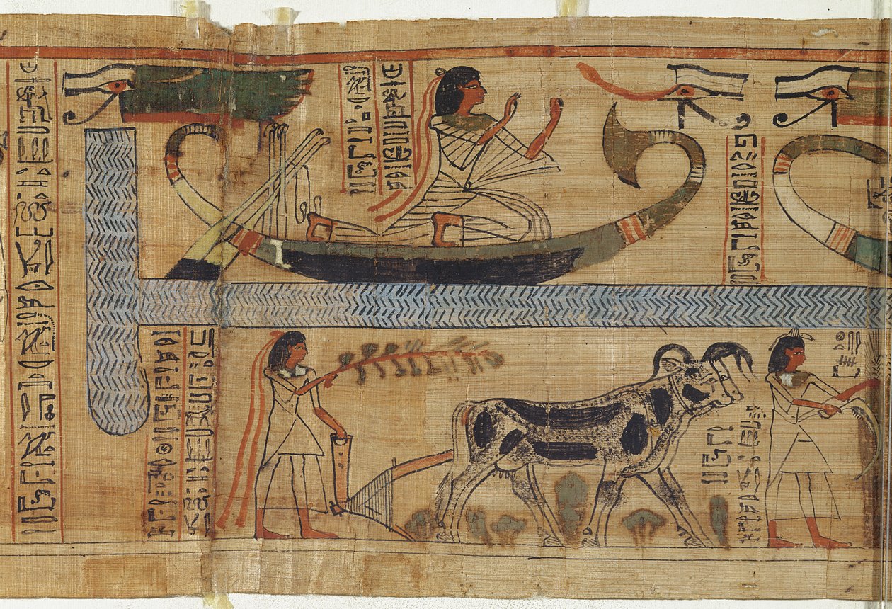 Detail uit het Dodenboek van de priester Aha-Mer met afbeelding van een bark en een landbouwscène, Derde Tussenperiode door Egyptian 21st Dynasty