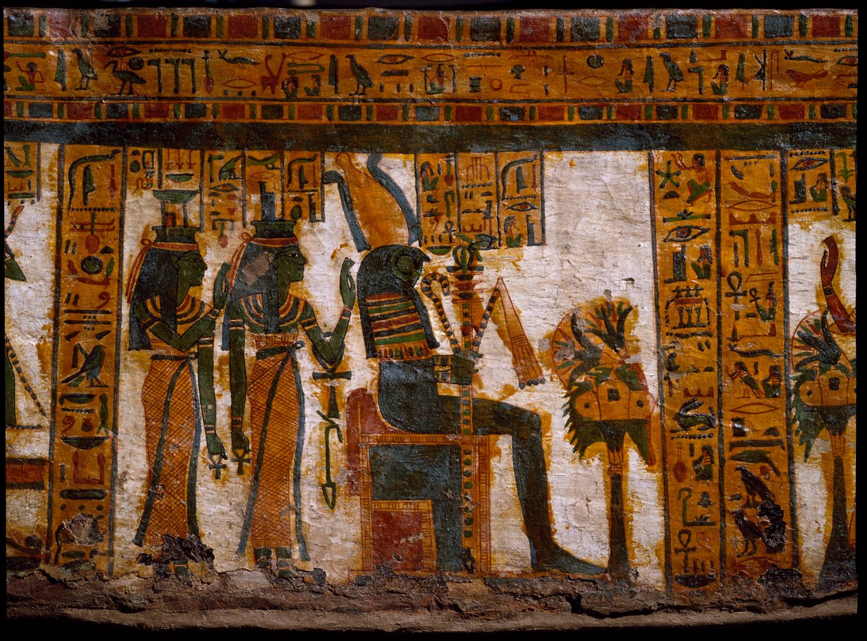 Egyptische oudheid: de godheden Isis en Nephtys aanbidden Osiris. Ze houden sleutels van het leven in de vorm van een kruis (Ankh). Decoratie van de antropoïde sarcofaag van de schrijver Butehamon, 21e dynastie (1085-935 v.Chr.). Museum van Egypte in Turij door Egyptian 21st Dynasty