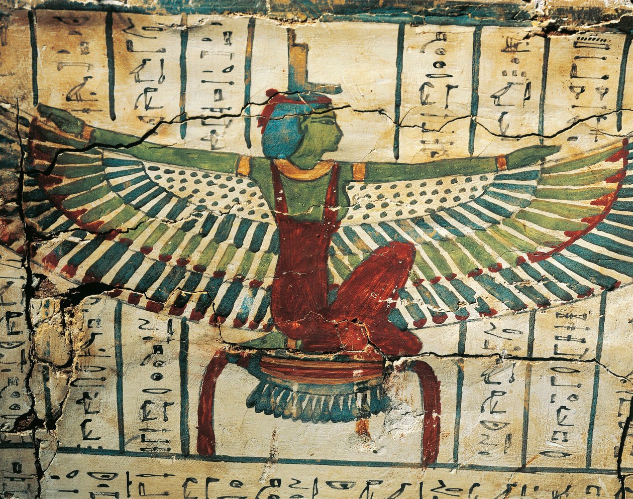 Beschilderd, gelakt hout, toont godin Isis met gespreide vleugels, op sarcofaag van Cesraperet uit West-Thebe door Egyptian 25th Dynasty