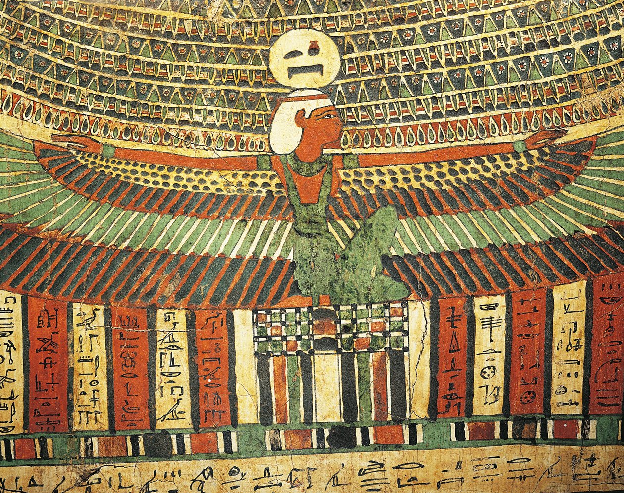 Gepleisterd en beschilderd hout toont godin Nut die een valse deur beschermt die leidt naar het hiernamaals, uit sarcofaag van Tashakheper, Thebe door Egyptian 26th Dynasty