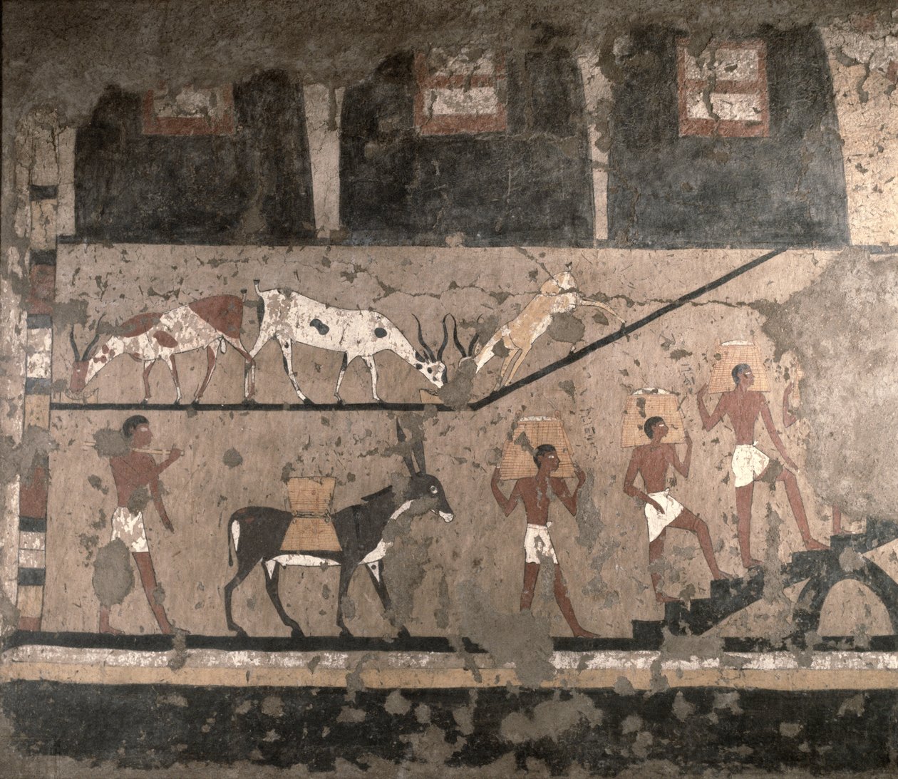 Landbouwscène, muurschildering verwijderd uit de Mastaba van Ti in Sakkara, Oude Rijk, ca. 2494-2345 v.Chr. door Egyptian 5th Dynasty