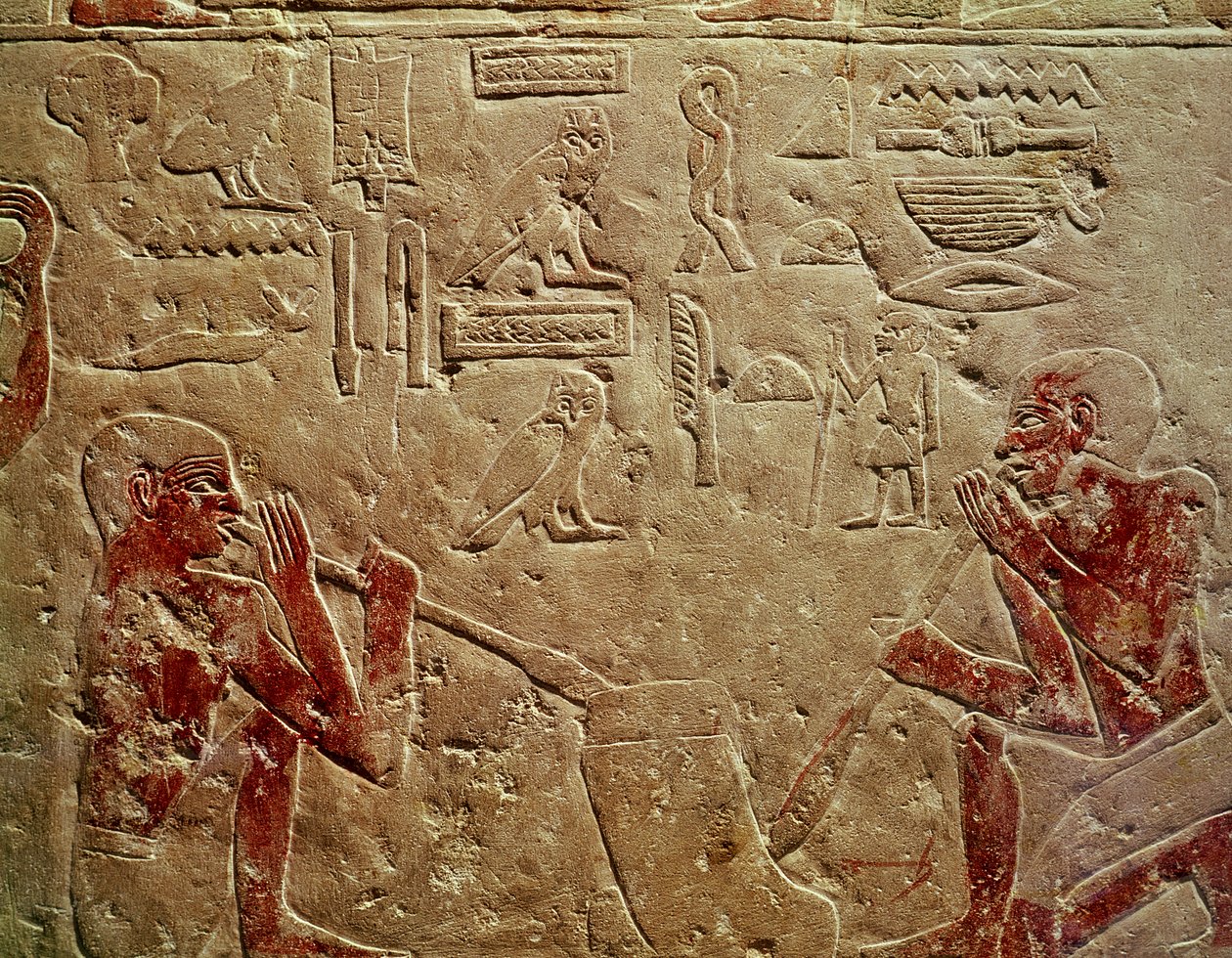 Reliëf dat glasblazers uitbeeldt, uit de Mastaba van Kaemrehu, Saqqara, Oude Rijk, ca. 2325 v.Chr. door Egyptian 6th Dynasty