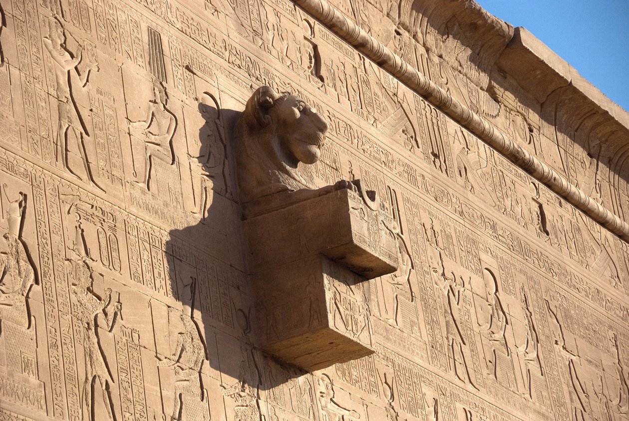Egyptische oudheid: leeuwenkop waterspuwer, tempel van Hathor, Denderah, Egypte door Egyptian Ptolemaic Period