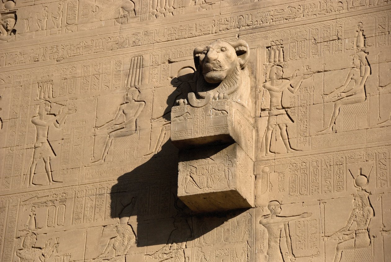 Egyptische oudheid: leeuwenkop waterspuwer, tempel van Hathor, Denderah, Egypte door Egyptian Ptolemaic Period