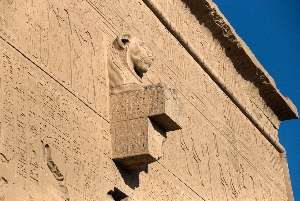 Egyptische oudheid: leeuwenkop waterspuwer, Hathor-tempel, Denderah, Egypte door Egyptian Ptolemaic Period