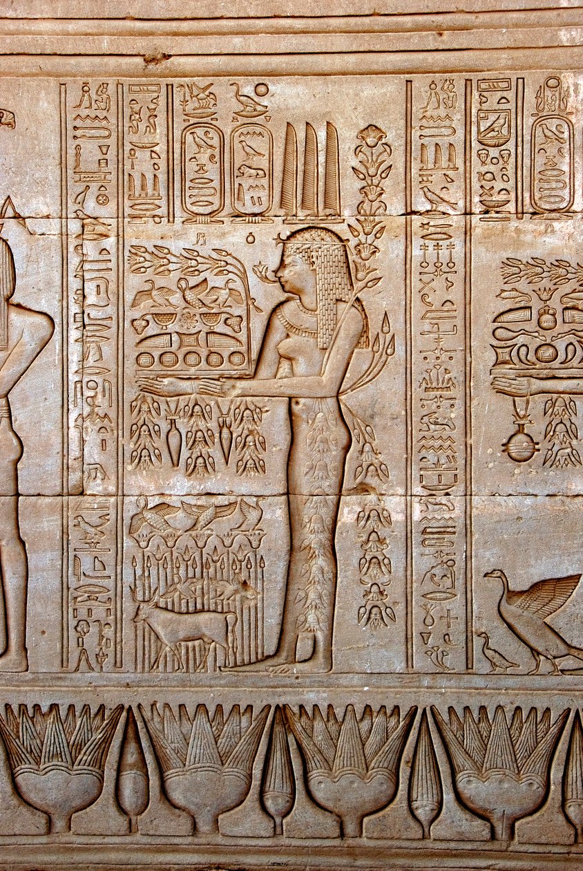 Egyptische oudheid: voorstelling van een jonge vrouw die offers brengt als eerbetoon aan de godin, Tempel van Hathor, Denderah, Egypte door Egyptian Ptolemaic Period