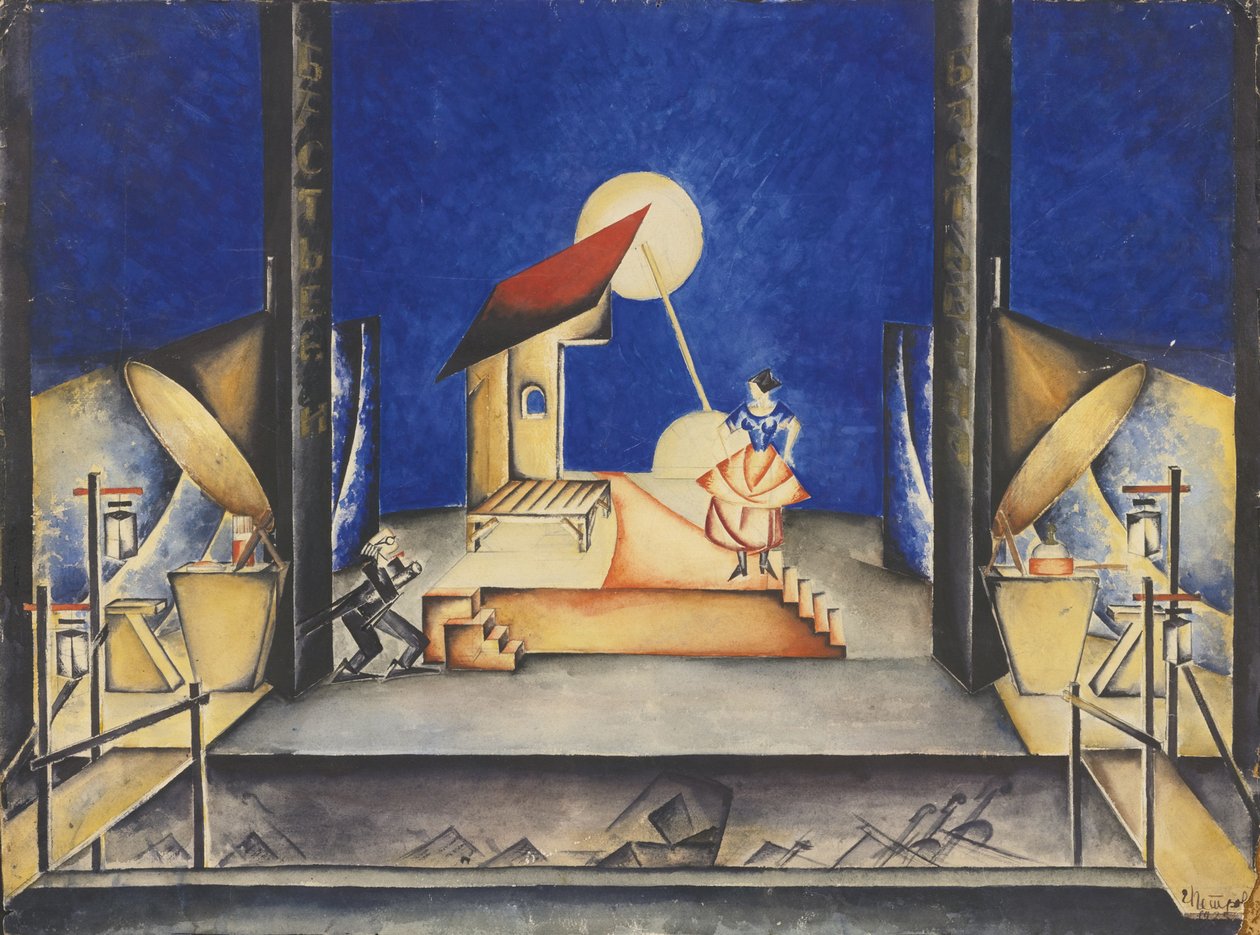 Toneelontwerp voor de opera Bastien und Bastienne van W. A. Mozart, 1925 door Ekaterina Petrova Troitskaya