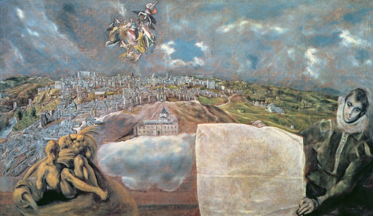 Uitzicht en kaart van de stad Toledo door El Greco