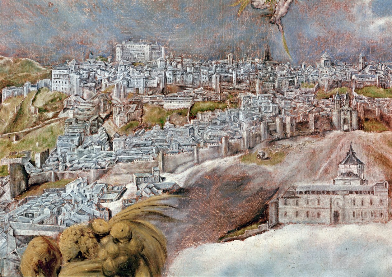 Uitzicht en kaart van de stad Toledo, detail van het Tavera ziekenhuis, 1609 (detail) door El Greco
