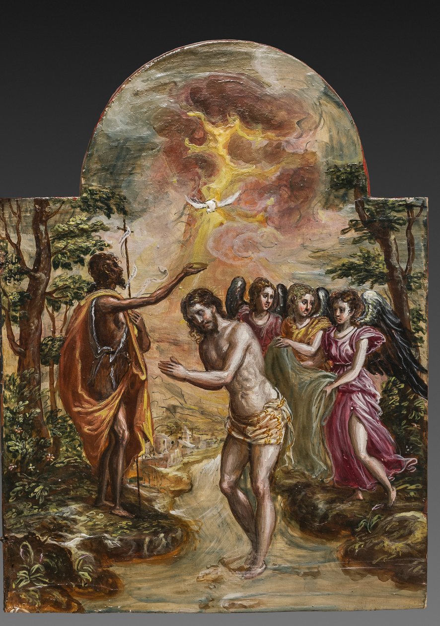 Draagbaar altaar: rechter deurpaneel met de Doop van Christus (detail) door El Greco