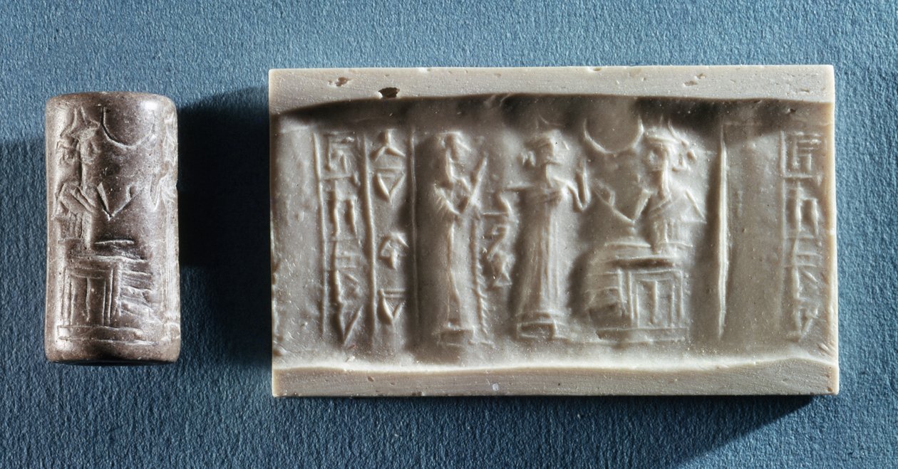 Cilinderzegel die een evocatie van de cultus van Elam toont door Elamite