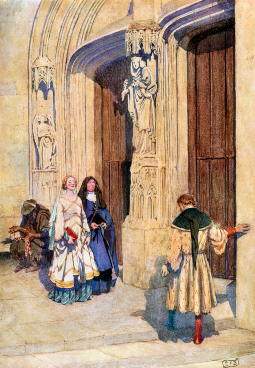 Petrach en Laura in Avignon. Leigh Hunt (kleurenlitho) door Eleanor Fortescue-Brickdale