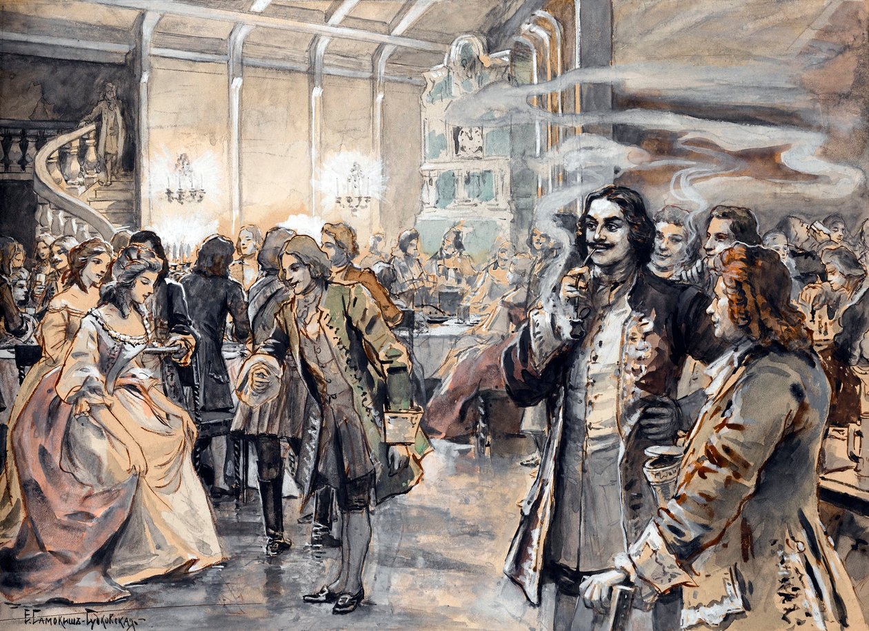 Paasvieringen aan het Hof van Peter de Grote (Pierre le grand) - Schilderij van Elena Petrovna Samokish Sudkovskaya (Samokish-Sudkovskaya)(1863-1924) door Elena Petrovna Samokish Sudkovskaya