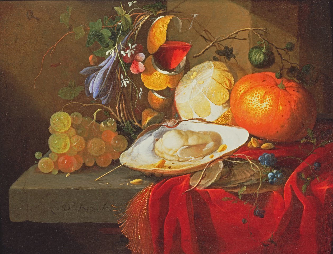 Een oester, een glas wijn en fruit op een tafel bedekt met een rood fluwelen doek door Elias van den Broeck