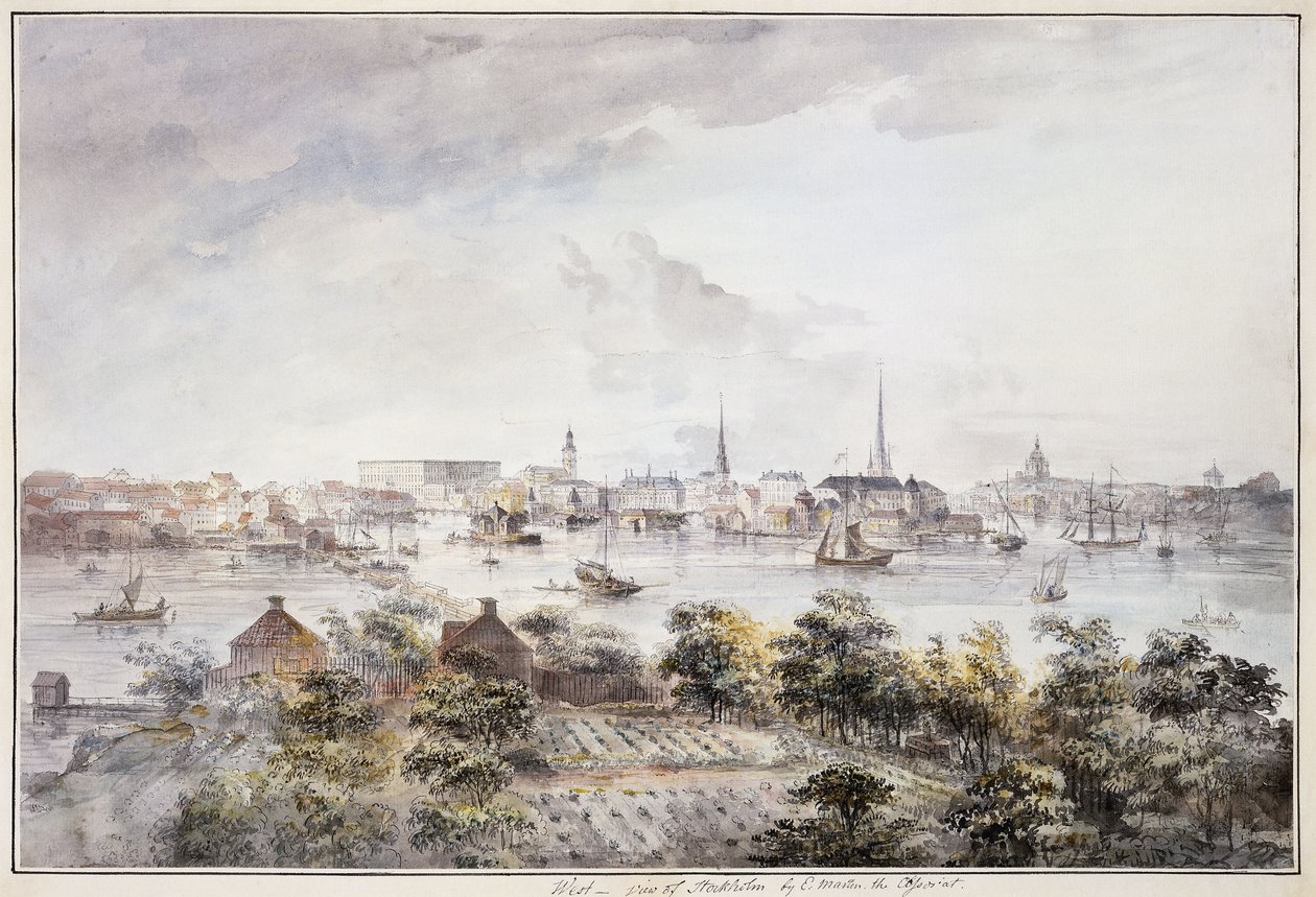 Een Uitzicht op Stockholm vanaf Kungsholmen met het Koninklijk Paleis en Storkyrkan, Tyskakyrkan, Katarinakyrka en Riddarholmskyrkan door Elias Martin