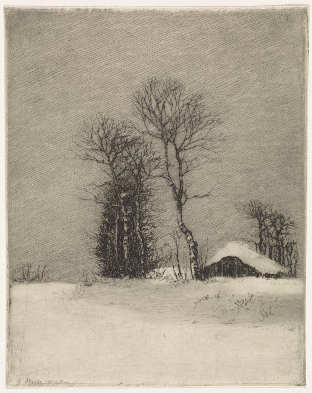 Winterlandschap met boerderij en bomen door Elias Stark