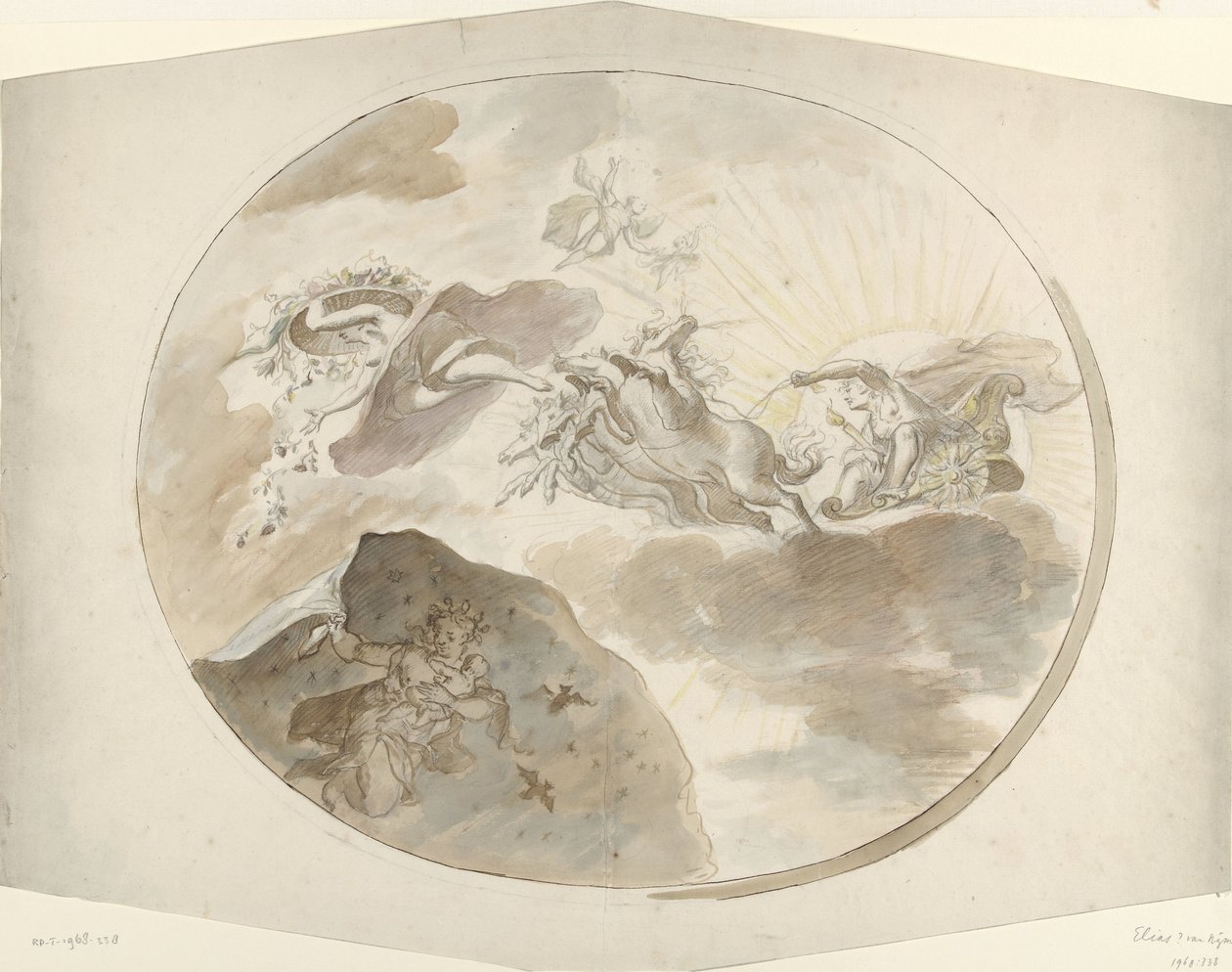 Ontwerp voor een plafondschildering met Aurora die de Nacht verjaagt door Elias van Nijmegen (possibly)