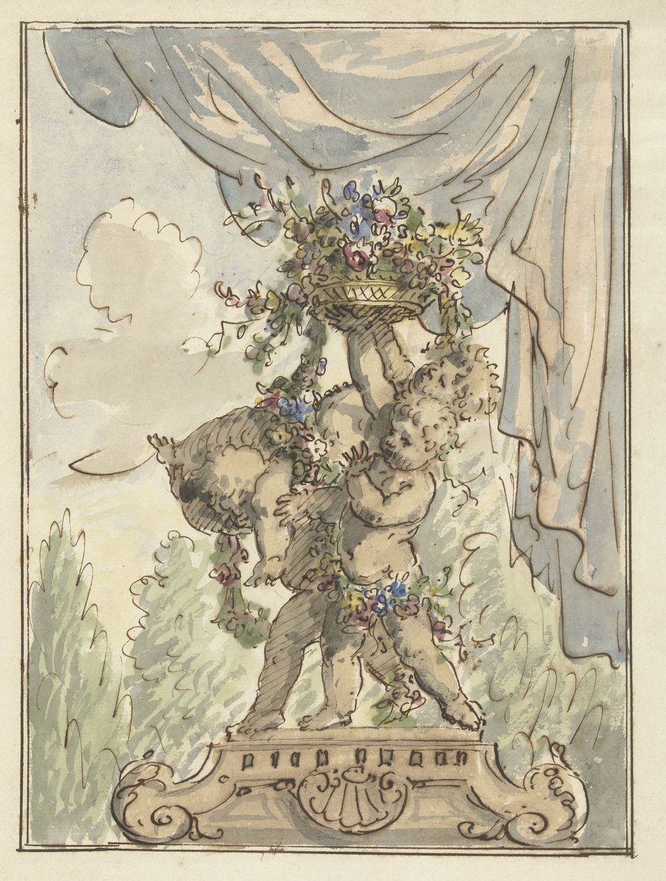 Drie putti met een bloemenmand door Elias van Nijmegen