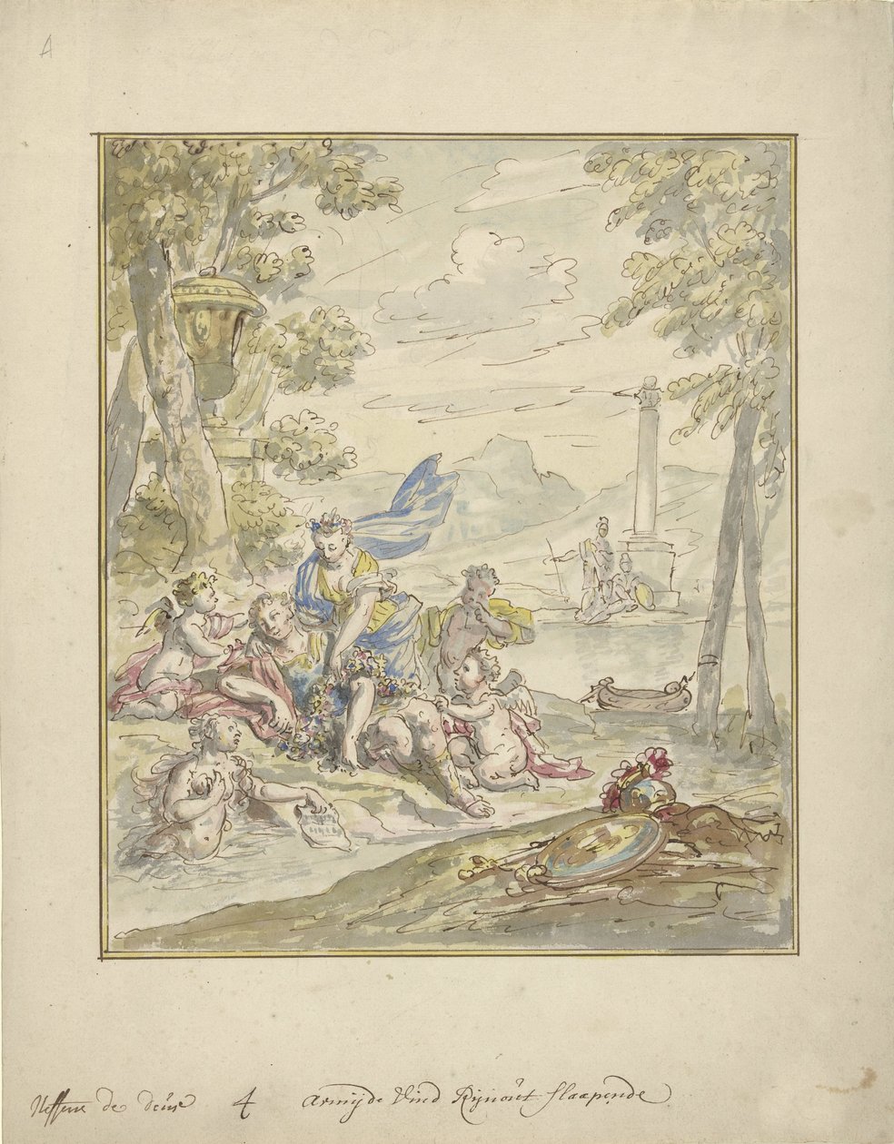 Ontwerp voor een kamerbeschildering met Armida en Rinaldo door Elias van Nijmegen