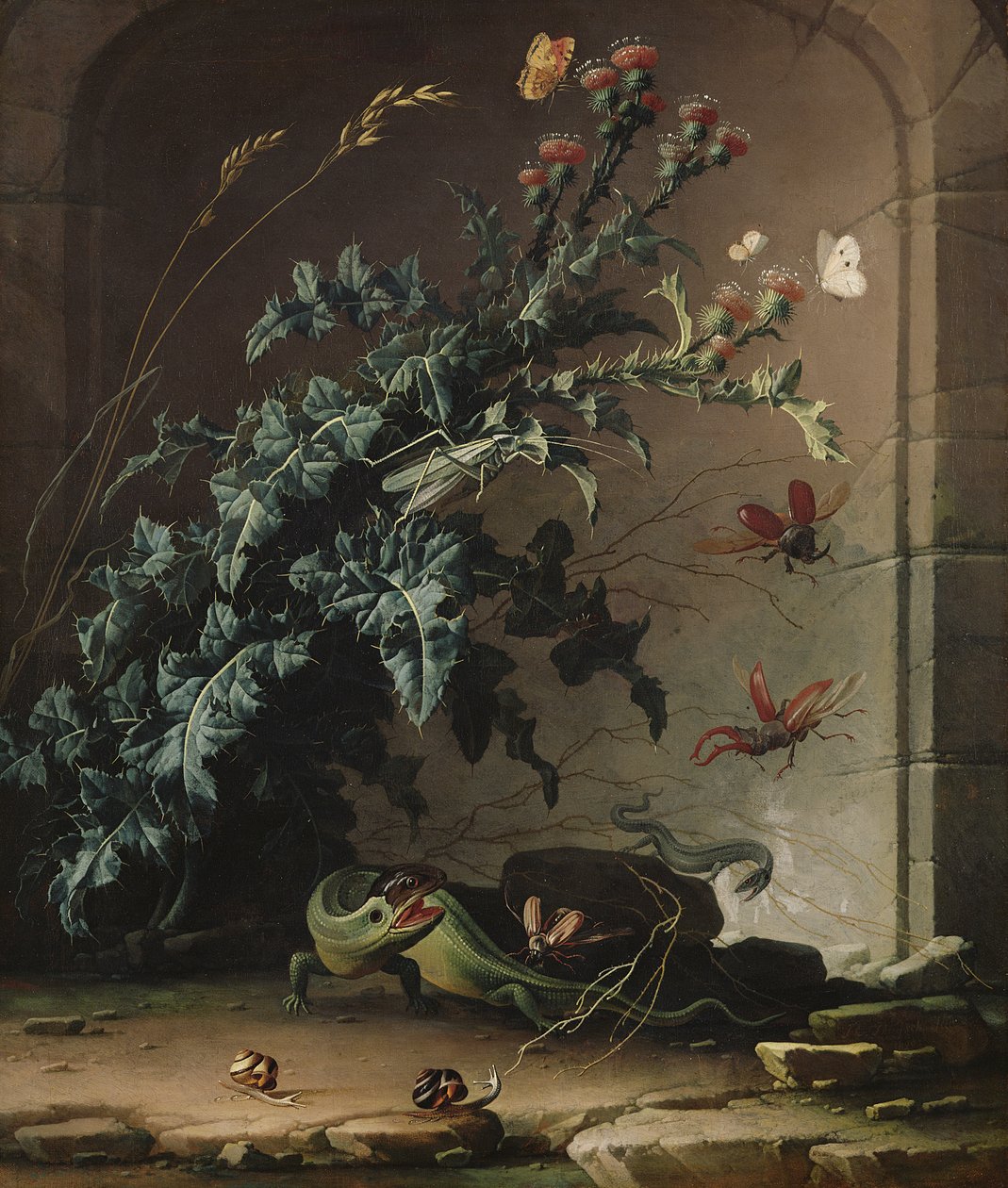 Stenen Niche met Distel, Hagedis en Insecten, 1690 door Elias van den Broeck