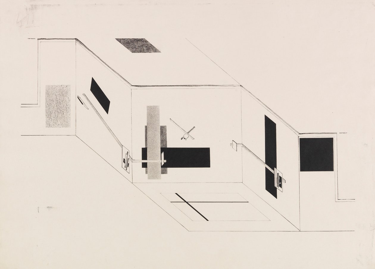 De Proun Kamer. Blad 5 van de I Kestner portfolio door Eliezer Markowich Lissitzky