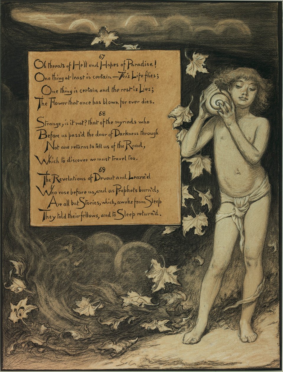(Illustratie voor Rubáiyát van Omar Khayyám) Het heden luistert naar de stemmen van het verleden door Elihu Vedder