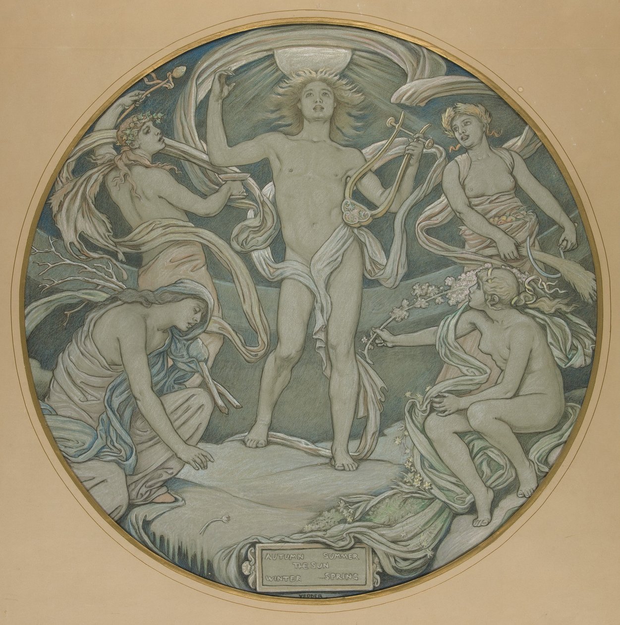 Prent voor de middencirkel van het plafond in Huntington: Apollo en zijn gevolg door Elihu Vedder