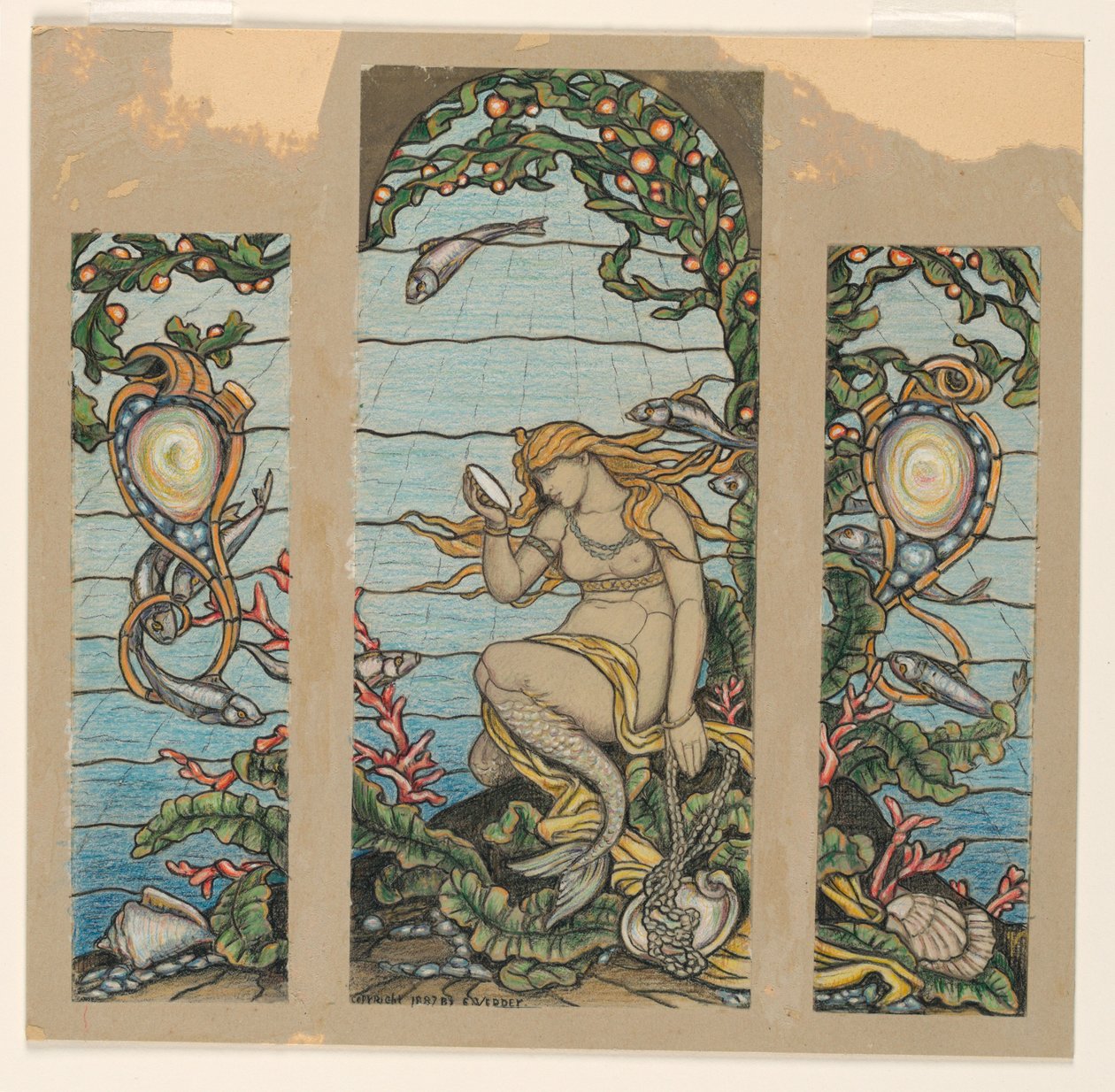 Tekening, ontwerp voor glas-in-loodraam, De zeemeermin, voor de A.H. Barney Residence, New York, NY, 1882 door Elihu Vedder