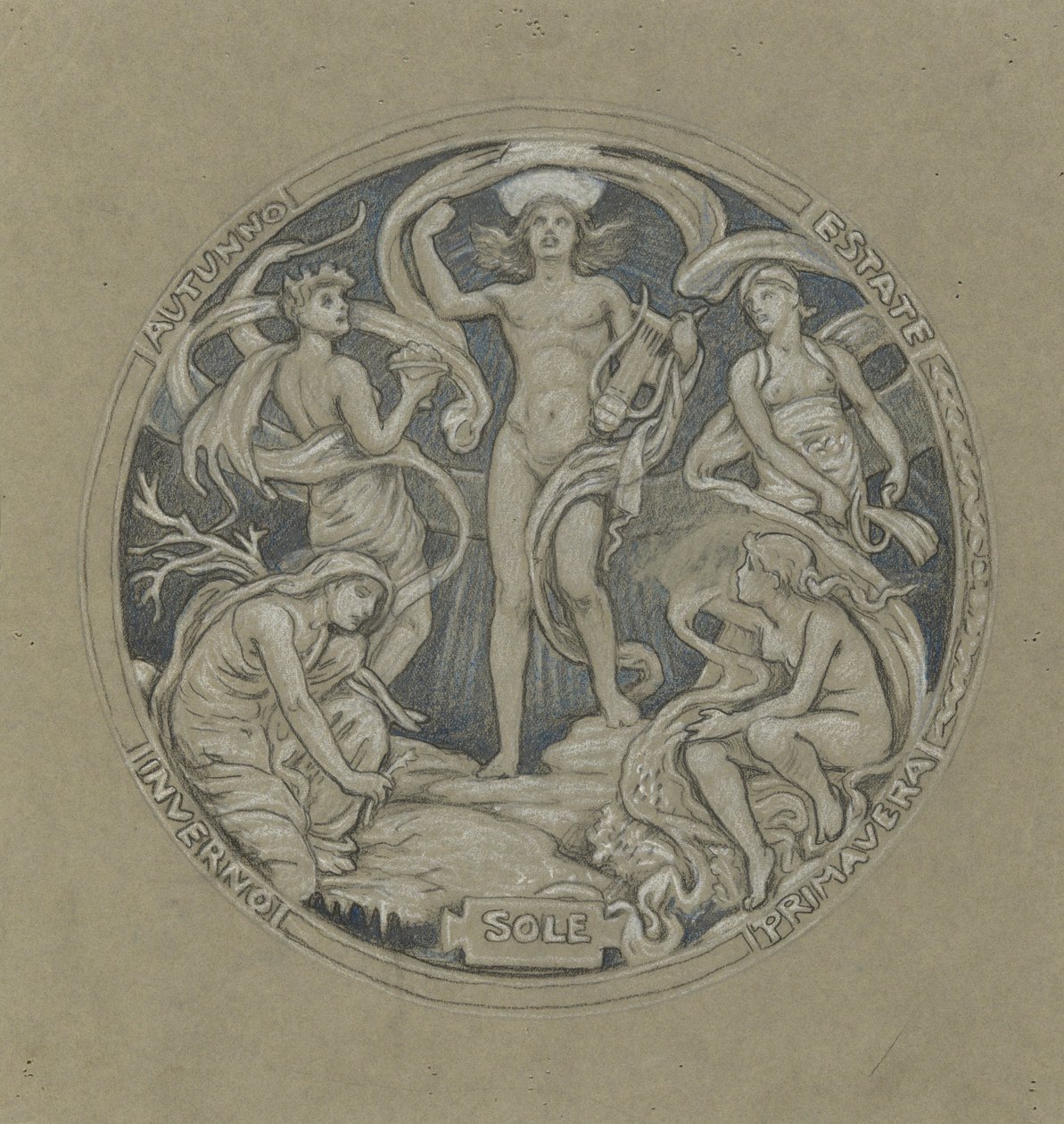 Studie voor het midden van het plafond van Huntington: Apollo en begeleiders door Elihu Vedder