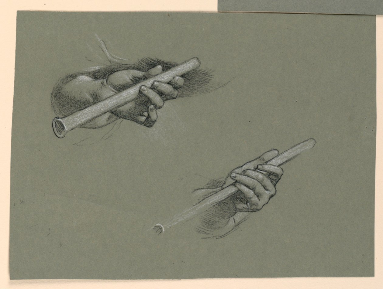 studies van twee handen die fluiten vasthouden (?) door Elihu Vedder