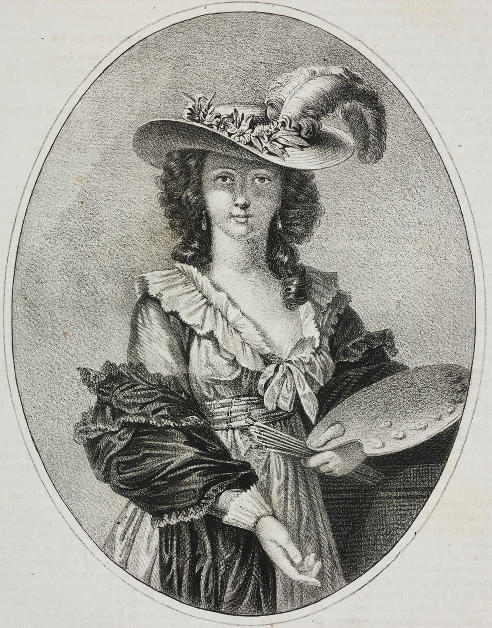 Zelfportret met palet, door Franse schilder Elisabeth Vigee Le Brun, lithografie door Giovanni Mariani uit Poliorama Pittoresco, nr. 42, 28 mei door Elisabeth Louise (after) Vigee Lebrun