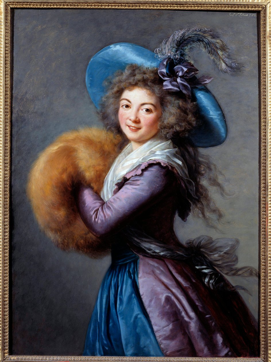 Portret van Madame Mole Reymond (1759-1833), actrice van de Italiaanse Comedie Ze draagt een hoed met veren en draagt een mouw. door Elisabeth Louise Vigee Lebrun