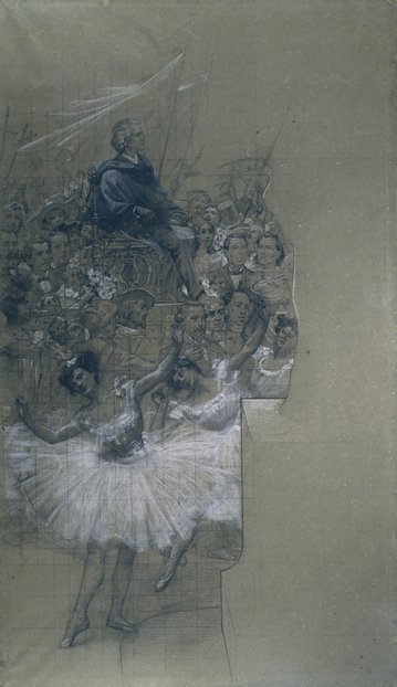 Balletdansers en Carlos Gomes - Cartoon voor de overdracht van het grote gordijn van het gemeentelijk theater van Rio de Janeiro door Eliseu Visconti
