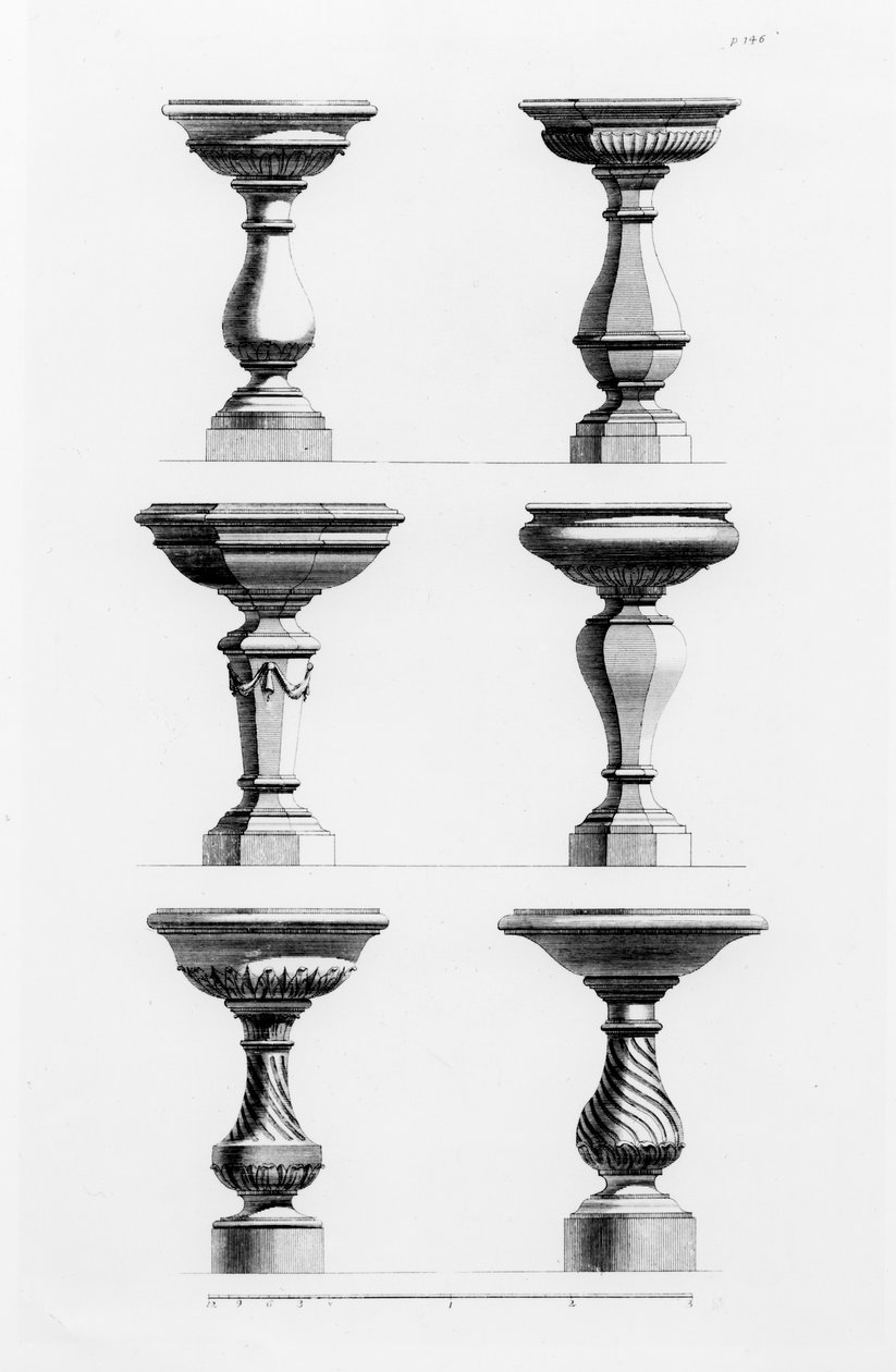 Ontwerpen voor urnen in de antieke stijl, uit A Book of Architecture, door James Gibbs, gepubliceerd 1739 door Elisha Kirkall