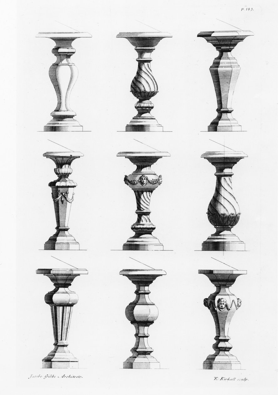 Pedestals, uit A Book of Architecture, door James Gibbs, gepubliceerd 1739 door Elisha Kirkall